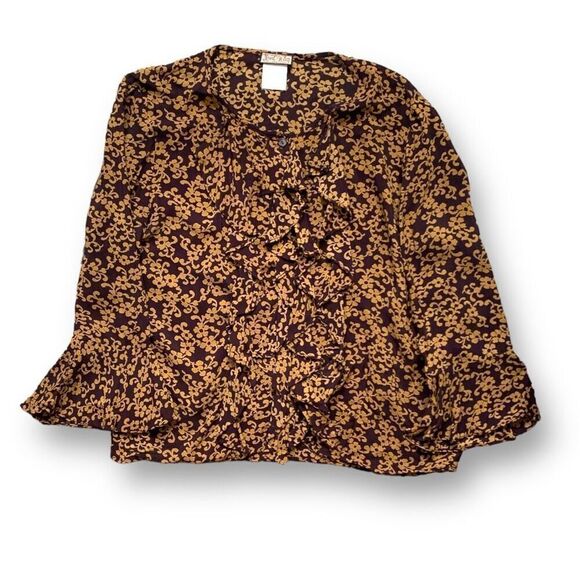 Vintage 90s Blouse Purple Ruffle Front Pirate Dark Floral Bell Long Sleeve Sheer - Picture 9 of 9